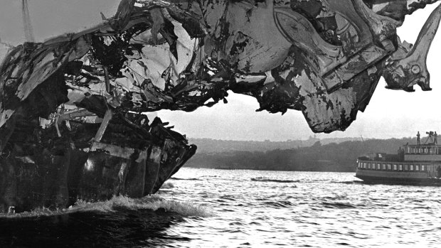 The heavily damaged bow of H.M.A.S. Melbourne.