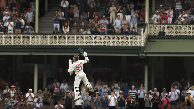 David Warner celebrates a century at the SCG against New Zealand last year.