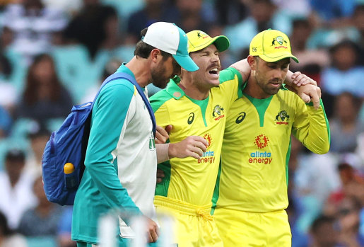 David Warner is helped from the field on Sunday night. 