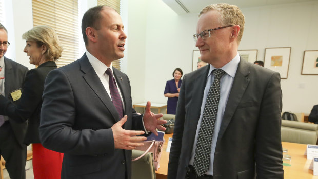 Treasurer Josh Frydenberg and RBA Governor Philip Lowe during a Business Growth Fund roundtable at Parliament House in December.
