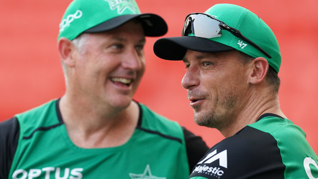 Dale Steyn (right) with Stars coach David Hussey.
