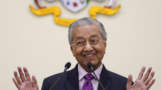 Malaysian interim leader Mahathir Mohamad speaks during a press conference in his office in Putrajaya, Malaysia.