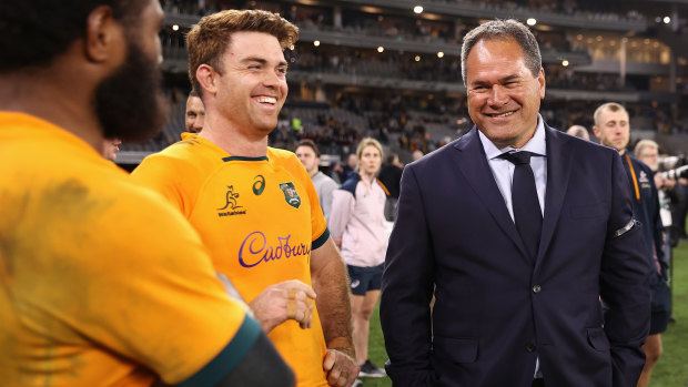 Andrew Kellaway and Dave Rennie after the first Test in Perth. He was one of four players to pick up soft tissue injuries during the series or in its lead-up.