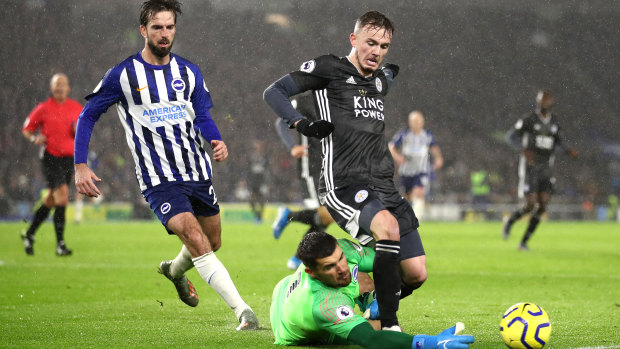 Socceroos goalkeeper Matthew Ryan of Brighton and Hove Albion reaches for the ball from James Maddison of Leicester.
