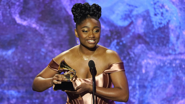 Samara Joy accepting an award at the 65th annual Grammy Awards.