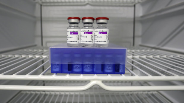 AstraZeneca and Biontech coronavirus vaccine in a fridge at the vaccine centre in Ebersberg near Munich, Germany. 