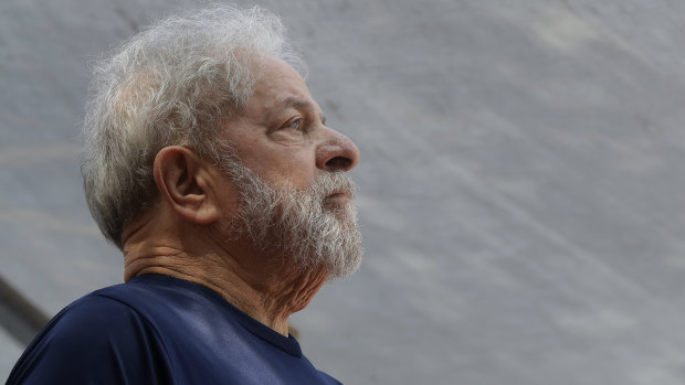 Former Brazilian president Luis Inacio Lula da Silva speaks to supporters before being jailed last year.