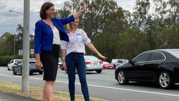 LNP leader Deb Frecklington (front) with Aspley candidate Amanda Cooper near the intersection of Beams Road and Gympie Roads in Carseldine. The party has promised a $90 million overpass at the junction.