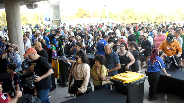 Fans queue to go through security at AAMI Park in late December 2022.