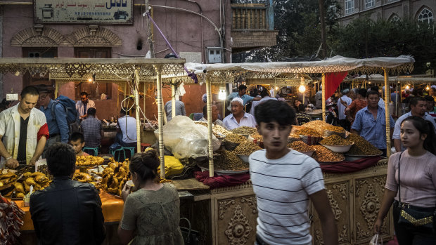 A market in Kashgar, a city in the Xinjiang region of China.