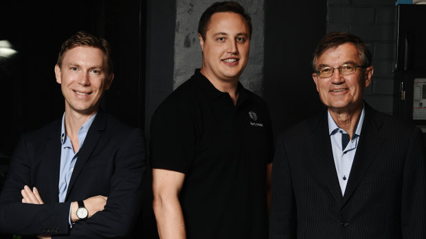 Earlytrade co-founder Guy Saxelby (centre, pictured with Charles Gibbon and Zac Zavos of investor Shearwater Growth Equity on right ) thinks it will be some time before the private sector can move to five-day payment times. 