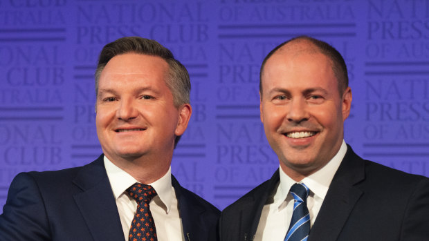 Treasurer Josh Frydenberg and shadow treasurer Chris Bowen at the National Press Club.