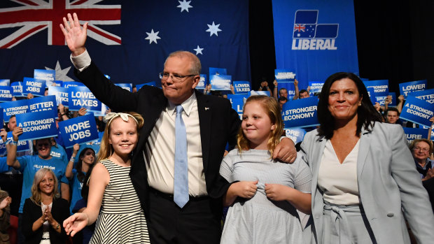 Prime Minister Scott Morrison with his family at a Liberal Party rally. 