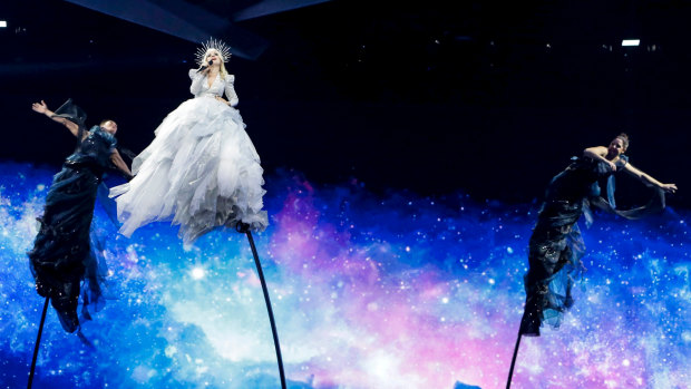 Puppets on a string: Kate Miller-Heidke performs Zero Gravity on stage in Tel Aviv.