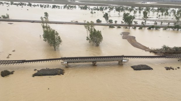 Aerial view of the Mount Isa rail line east of Julia Creek, taken in early February as the flood peaked in the area.