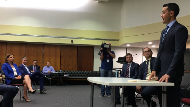 David Crisafulli addresses the LNP party room in Brisbane for the first time as leader.