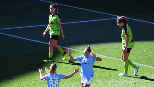 Melbourne City's Kyah Simon celebrates after scoring a goal during against Canberra United. 