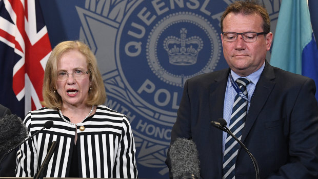 (From left) Queensland chief health officer Jeanette Young and Acting Chief Superintendent of state crime command Terry Lawrence address the media regarding the strawberry contamination.