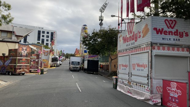 The remnants of the Ekka stalls after the Royal Queensland Show was cancelled.