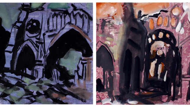 Ruined church green and purple and Ruined church, Western Front pink and orange. Wendy Sharpe.