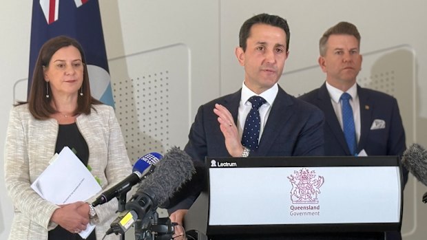Attorney-General Deb Frecklington, Premier David Crisafulli and Deputy Premier Jarrod Bleijie announce a commission of inquiry into the CFMEU on Sunday.