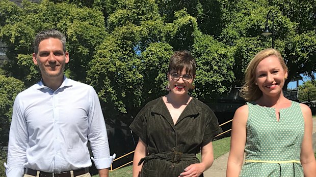 Greens MP for Maiwar Michael Berkman, new South Brisbane MP Amy MacMahon and Queensland Greens senator Larissa Waters on Sunday.