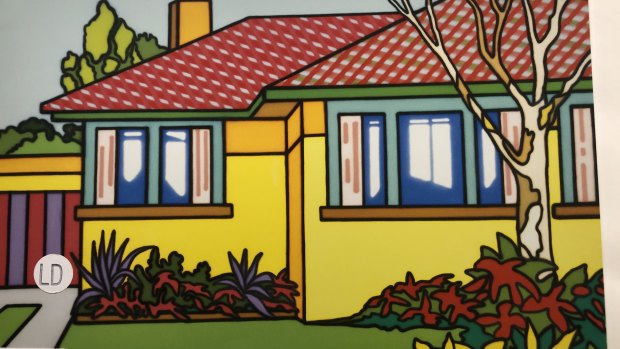Catalogue image of Well Suited Brick Veneer (detail), attributed to Howard Arkley but now under dispute. The painting was sold by Gould Galleries to its current owner in 2002.