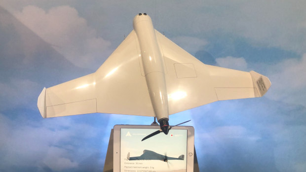 A model of the KUB-UAV, a new unmanned combat aerial system manufactured by the Kalashnikov Group and ZALA Aero Group, on display at the International Defence Exhibition in Abu Dhabi.