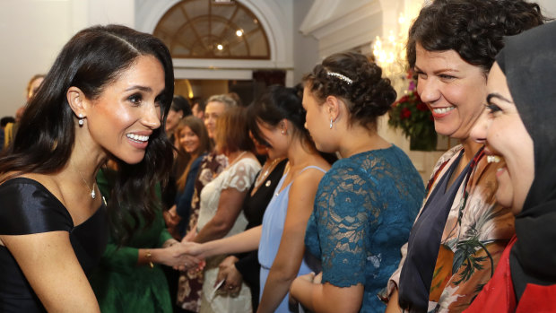 Meghan, the Duchess of Sussex, meets guests at a reception hosted by the Governor-General celebrating the 125th anniversary of women's suffrage in New Zealand in October.