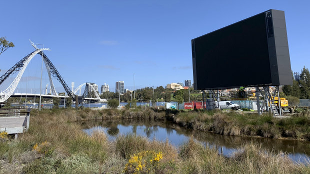 The big screen is unveiled outside Optus Stadium ahead of Saturday's Bledisloe Cup clash.