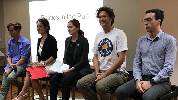 The candidates who attended Tuesday night's Griffith electorate debate were (from left) the Greens' Max Chandler-Mather, independent Senate candidate Jane Hasler, Animal Justice Party Senate candidate Karagh-Mae Kelly, Sustainable Australia Senate candidate Cameron Murray and the Pirate Party's Miles Whiticker.