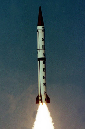 A Pakistan-made Shaheen-II surface-to-surface ballistic missile at an undisclosed  location in 2004.