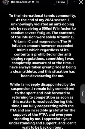 Tennis player Thomas Fancutt’s statement on Instagram.