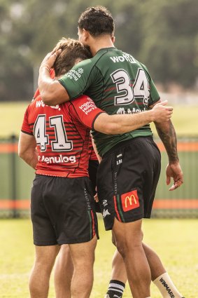 Latrell Mitchell embraces his No. 1 replacement Jye Gray.