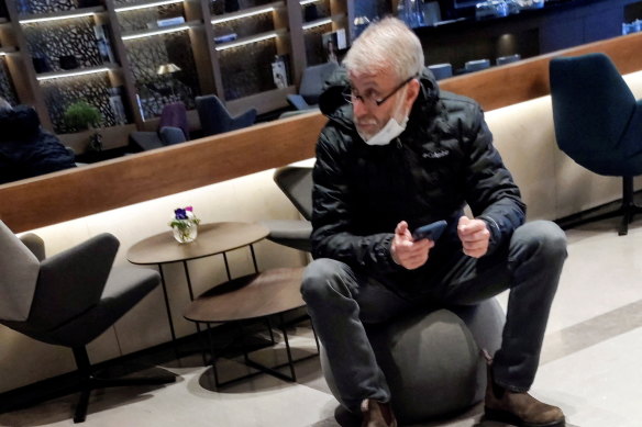 Sanctioned Russian oligarch Roman Abramovich sits in a VIP lounge before a jet linked to him took off for Istanbul from Ben Gurion international airport in Lod near Tel Aviv, Israel.