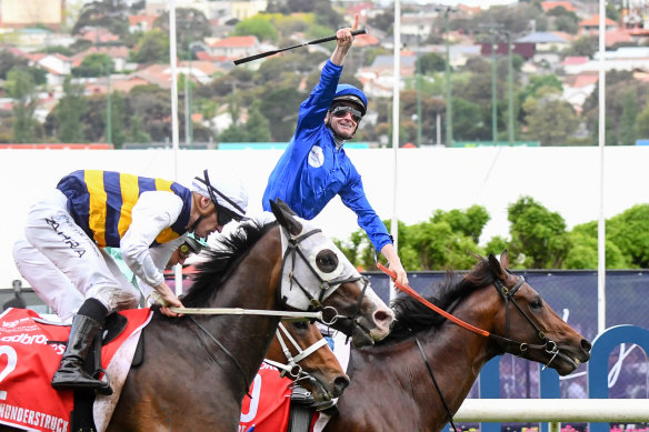 James McDonald points for the sky after Anamoe wins the Cox Plate last year.