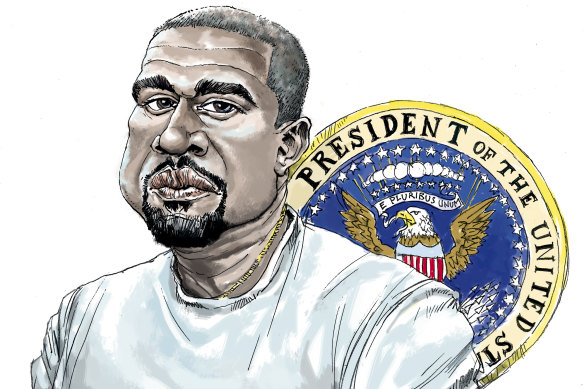Kanye West is making a tilt for president. Illustration: Joe Benke