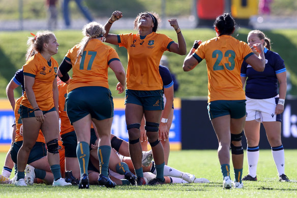 Sera Naiqama celebrates victory over Scotland at last year’s World Cup.