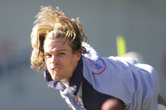 Nathan Bracken’s hair in full flight in 2008.