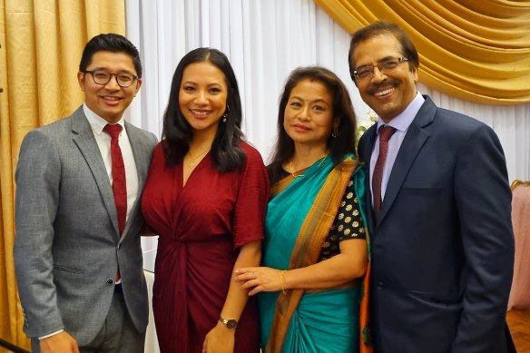 Success stories: (from left) son-in-law Sudeep, daughter Smriti,
Saroja and Om, whom Anthony Albanese describes as “someone
who had already amassed a few lifetimes of experience”.