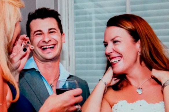 Anthony Koletti and Melissa Caddick chatting with guests on their wedding day on New Year’s Eve, 2013.