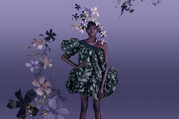 Model Magnolia Maymuru wears  “Seed Pods” dress by Grace Rosendale, 2019, silk organza, courtesy of the artist, Hopevale Arts and Cultural Centre and Queensland University of Technology.