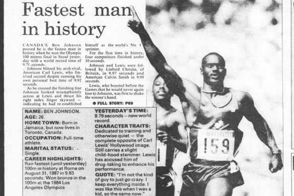 The Sun-Herald reported on Ben Johnson's win on September 24, 1988, before his drug cheating was revealed.
