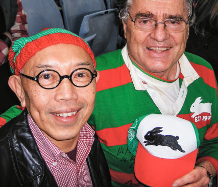 Stephen Lee, a faithful follower of South Sydney Rabbitohs, pictured with a fellow supporter colleague Dr Peter Bye.