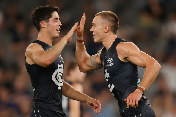 New midfield pairing Patrick Cripps (right) and Adam Cerra.