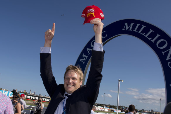 Bjorn Baker celebrates  Unencumbered's success in the 2014 Magic Millions and hopes to do the same with Hinchbeast next year.