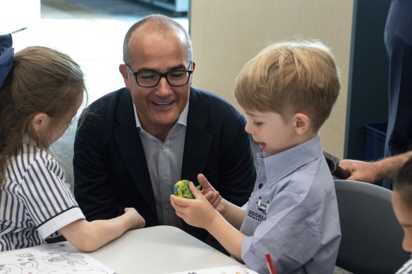 Education Minister James Merlino visits preps at the newly opened  Docklands Primary School.