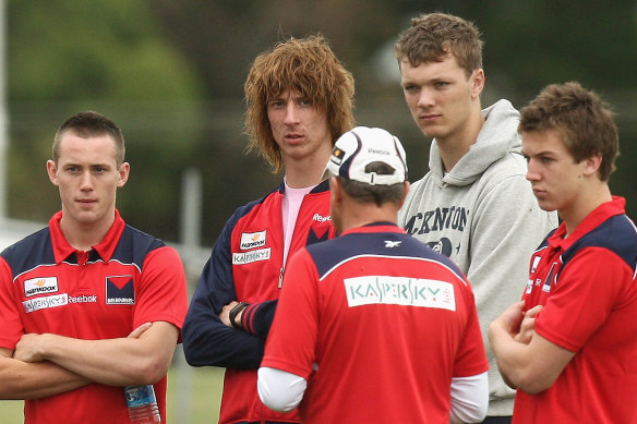 Jack Fitzpatrick (second from left) next to Max Gawn after they were drafted to Melbourne.