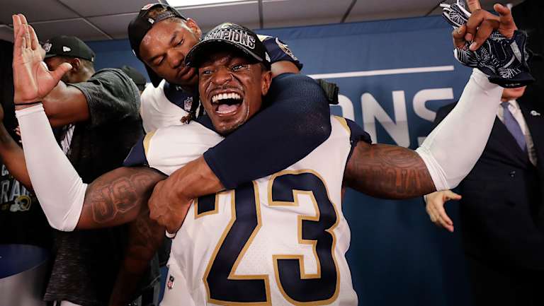 "When I hit him, when I saw where the ball was, I thought it was gonna be a flag": Robey-Coleman celebrates after the game.