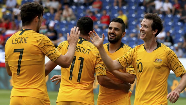 Raw pace: Mathew Leckie, Andrew Nabbout, Aziz Behich and Robbie Kruse celebrate a goal against the Czech Republic. 